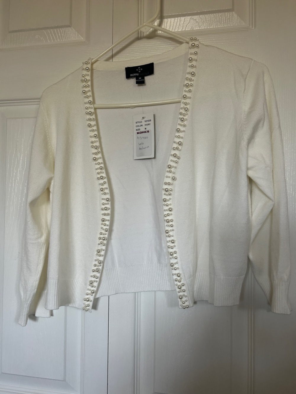 Ronni Nicole White Pearl-Trim Open Cardigan